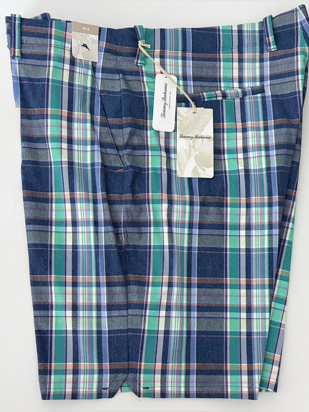 Tommy Bahama Chino Shorts 40 On Par Plaid Blue Stretch UPF 30 9" Inseam Wicking